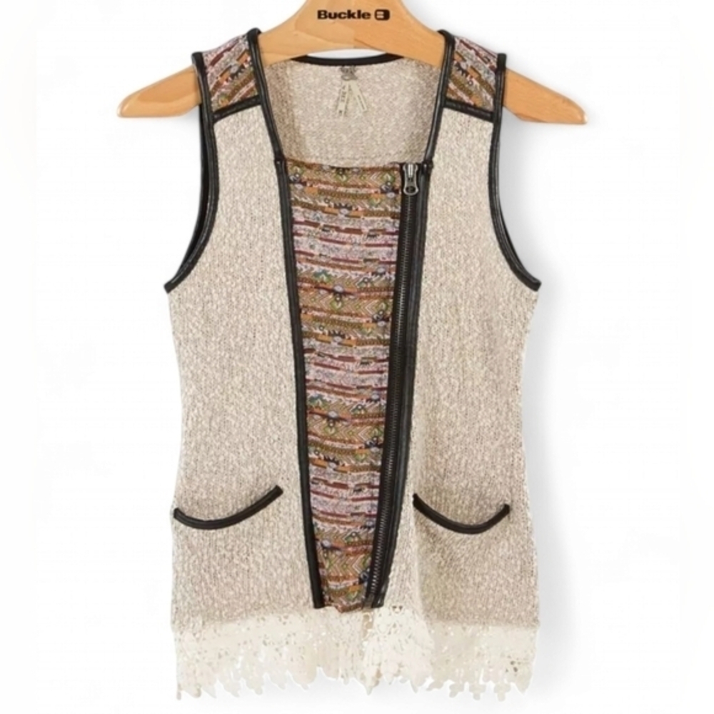 BKE Asymmetrical zip up sweater vest crochet hem Aztec chiffon layover leather L